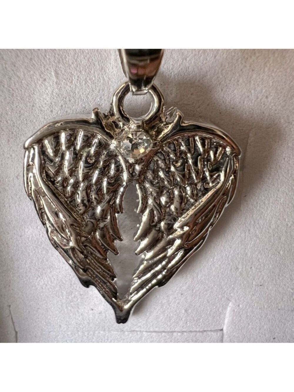 Fashion Angel Wings Necklace, NEW, 16” Chain, Silver Tone with Stone, with Box